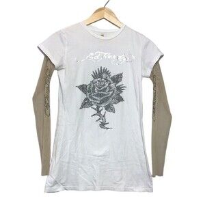Vintage‎ Y2K Ed Hardy Rose Rhinestone Baby Tee large Mesh Sleeves Bling 2000s